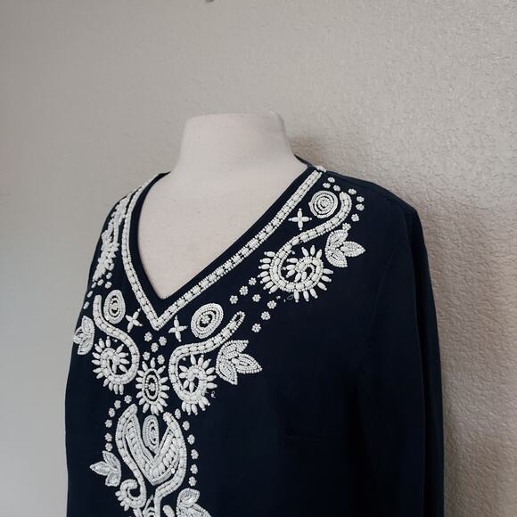 Charter Club Linen Luxury Blue Beaded Blouse Size LP - Picture 6 of 11